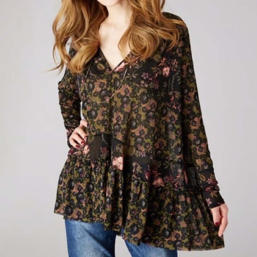 Free People Tiered Floral Mesh Long Sleeve Top - Picture 2 of 12